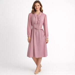 Vintage Lady Jennifer Pink Pleated Dress with Belt Long Sleeve Midi Size READ